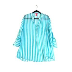 Mix&co Top Women's XL Long Tab Sleeves Pocket 3/4 Button Up Aqua Stripe Cover Up